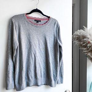 Banana Republic Lightweight Gray Sweater with Red Scalloped Collar